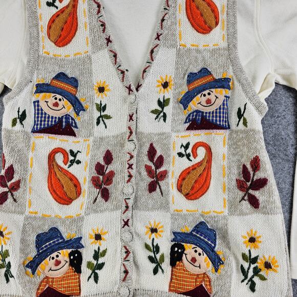 Vintage Bobbie Brooks Fall Sweater Vest Set Scarecrows Gourds Women L Grannycore - Picture 4 of 16